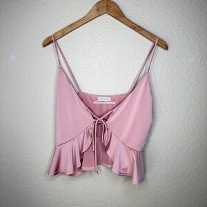 Urban Outfitters Pink Satin Tie Front Cami Crop Top Ruffle Hem Size S